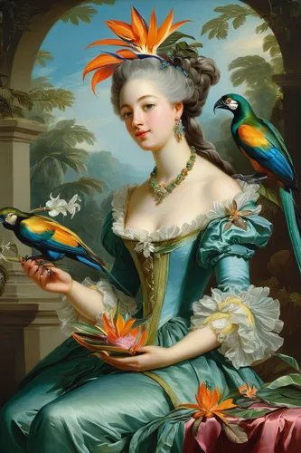 rococo,bird of paradise,flower and bird illustration,parrots,old world oriole,floral and bird frame,rosella,tropical birds,bird painting,woman holding pie,parrot couple,toucans,passerine parrots,parrot,ornamental bird,tropical bird,parakeet,oriole,rare parrots,exotic bird,Art,Classical Oil Painting,Classical Oil Painting 36