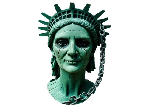 Statue of Liberty, skull face, green patina, crown, torch, broken chains, spooky eyes, eerie smile, stone texture, weathered surface, close-up shot, dramatic lighting, shallow depth of field, high con