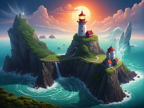 lighthouse,lighthouses,mushroom island,red lighthouse,scandia gnomes,electric lighthouse,Illustration,Realistic Fantasy,Realistic Fantasy 25