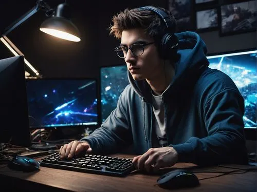 Wynx, male, young adult, gamer, messy short hair, blue eyes, glasses, casual wear, hoodie, jeans, sneakers, gaming setup, multiple monitors, keyboard, mouse, desk lamp, dark background, dramatic light