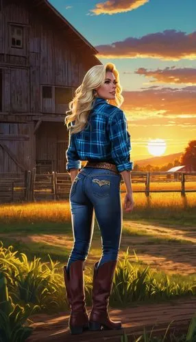 A blonde woman with long, flowing hair wearing a classic cowgirl outfit, including a plaid shirt, denim jeans, and leather boots, standing in front of a rustic wooden barn on a vibrant farm in the 199