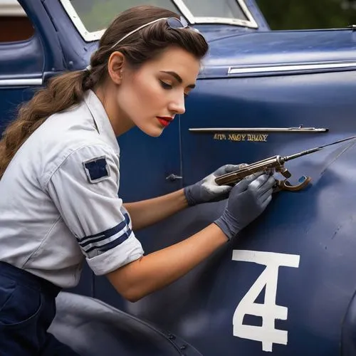 A gorgeous 21 years old woman in light-grey, paint stained overall, painting a white number 40 on a  dark-blue 1944 U.S. Navy Lincoln Staff Car with NAVY markings, ,aeronauticas,aviatrix,aeronautica,h