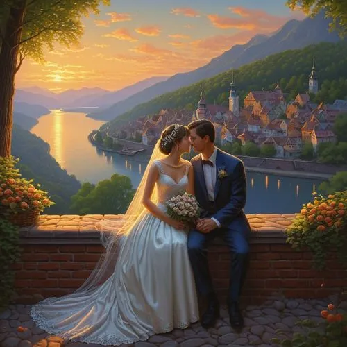 romantic portrait,romantic scene,wedding photo,wedding couple,loving couple sunrise,world digital painting,landscape background,young couple,oil painting on canvas,beautiful couple,wedding frame,oil painting,idyll,fantasy picture,engagement,portrait background,silver wedding,romantic look,the ceremony,honeymoon,Illustration,Realistic Fantasy,Realistic Fantasy 27