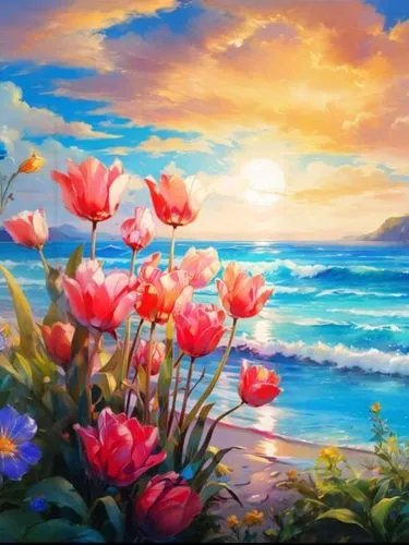 landscape background,flower painting,flower background,splendor of flowers,sea landscape,beach landscape,springtime background,sea of flowers,coastal landscape,spring background,colorful background,na