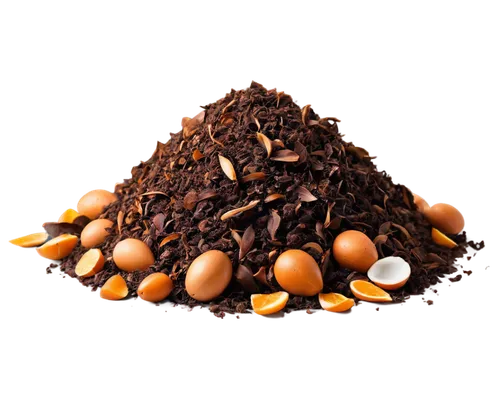 Compost heap, organic waste, vegetable peels, fruit scraps, coffee grounds, eggshells, brown leaves, moist soil, natural texture, earthy smell, warm lighting, shallow depth of field, 3/4 composition, 