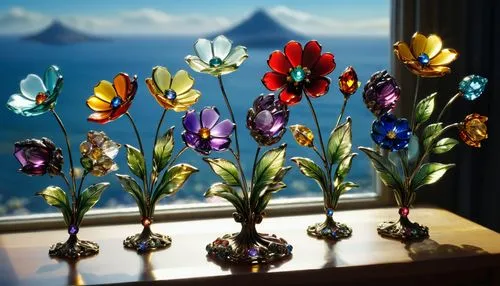 flower vases,glass decorations,alpine flowers,flower art,tulpenbüten,artificial flowers,artificial flower,cartoon flowers,glass items,cut flowers,tulip flowers,tulip bouquet,wild tulips,fabric flowers,colorful glass,flower decoration,fake flowers,tulips,glass painting,vases,Illustration,Realistic Fantasy,Realistic Fantasy 03