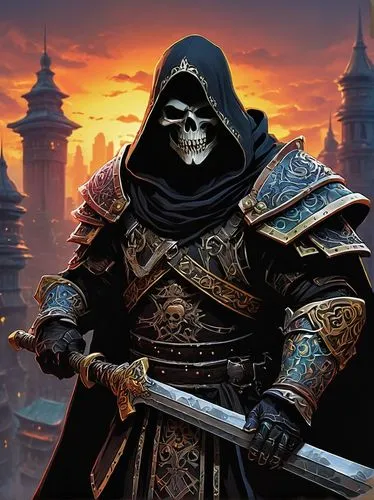 massively multiplayer online role-playing game,grim reaper,reaper,grimm reaper,prejmer,death god,warlord,assassin,raider,templar,undead warlock,heroic fantasy,hooded man,assassins,grim,dodge warlock,paladin,dance of death,kadala,death's head,Illustration,Japanese style,Japanese Style 05