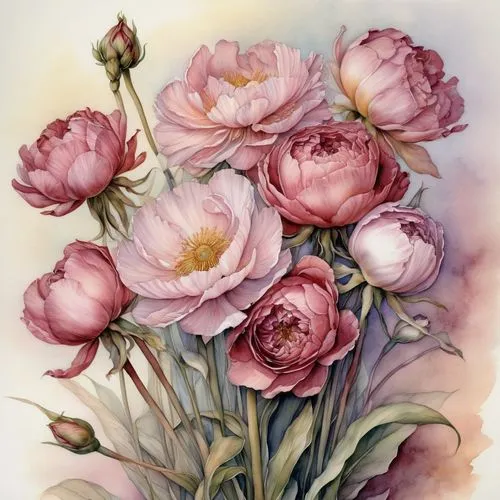 clousup 
high detail, aero graphics, watercolor drawing,  pencil, ink, elegant, soft lines, fine drawing, soft, harmony, atmospheric,  flowers pions in a bouquet, dusty rose Marsala color, backlight ,