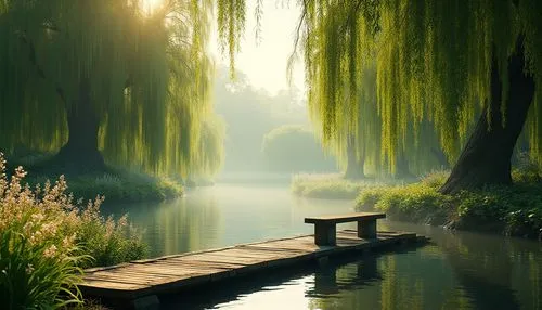 weeping willow,tranquility,calmness,tranquillity,shaoming,serenity,quietude,river landscape,beautiful landscape,stillness,peacefulness,green landscape,calming,hanging willow,calm water,nature wallpaper,beautiful lake,calm waters,wooden bridge,willows,Photography,General,Realistic