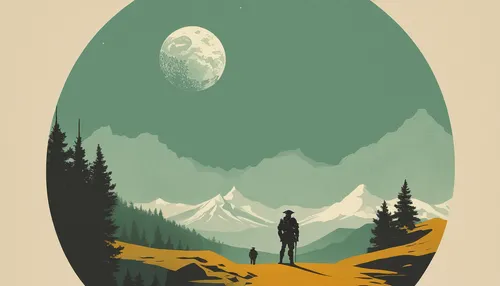 earth rise,travel poster,forrest,pines,sci fiction illustration,my neighbor totoro,coniferous forest,hanging moon,mountain,painting easter egg,forest background,spruce forest,the spirit of the mountains,silvertip fir,old earth,pine trees,travel trailer poster,nature and man,spring equinox,moon phase,Illustration,Japanese style,Japanese Style 08