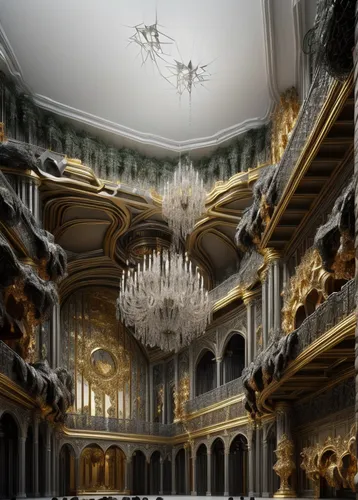 ornate room,royal interior,chandelier,baroque,versailles,jewelry（architecture）,theater curtain,ornate,neoclassical,classical architecture,3d rendering,the lviv opera house,pipe organ,rococo,crown render,old opera,concert hall,grand piano,theater stage,ballroom