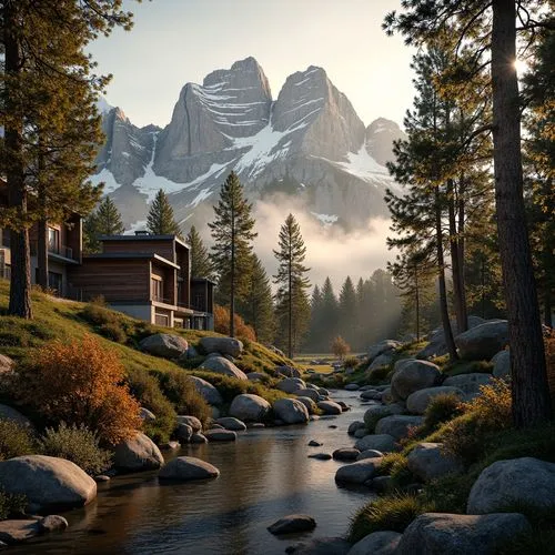 Majestic mountain range, snow-capped peaks, rustic wooden accents, natural stone walls, earthy tones, moss-green roofs, rugged granite textures, misty foggy atmosphere, warm golden lighting, shallow d