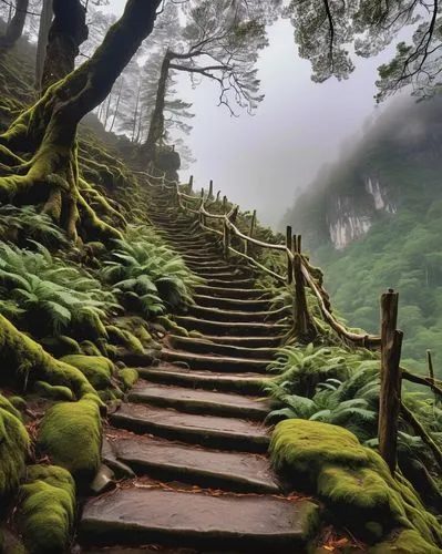 winding steps,moss landscape,huangshan,stairs to heaven,huangshan mountains,tree top path,hiking path,stairway to heaven,levada,aaaa,aaa,the mystical path,green forest,patrol,nature wallpaper,sempervirens,escaleras,verdant,green landscape,escalera,Conceptual Art,Oil color,Oil Color 14