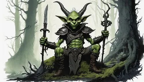 Green-skinned goblin, big nose, pointed ears, messy black hair, wicked grin, sharp teeth, crooked fingers, worn leather armor, rusty sword, sitting on a mushroom, dark forest, misty atmosphere, dim to