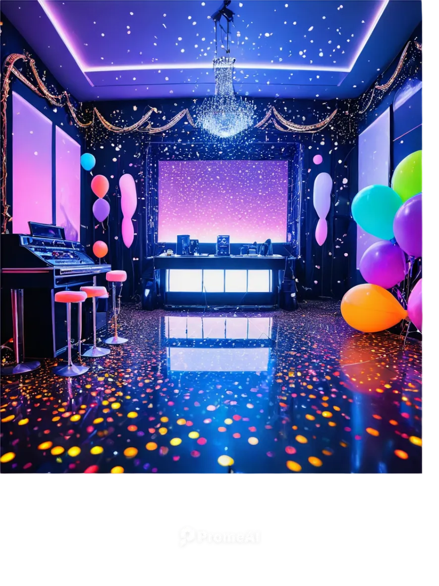 Club party, luxurious decorations, shimmering chandeliers, flashing neon lights, loudspeakers, DJ console, champagne bottles, cocktail glasses, confetti, balloons, dance floor, glossy floor, soft focu