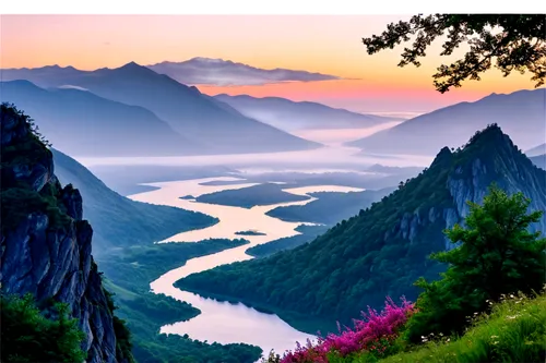 river landscape,mountainous landscape,landscape background,mountain landscape,world digital painting,purple landscape,mountain scene,japanese mountains,japanese alps,mountain sunrise,beautiful landscape,japan landscape,mountain river,panoramic landscape,danube gorge,nature landscape,mountain valleys,yangtze,fantasy landscape,guizhou,Illustration,Paper based,Paper Based 06