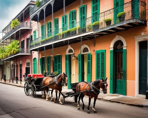 new orleans,french quarters,dumaine,neworleans,bienville,cesnola,lalaurie,marigny,nola,marignac,row houses,horse drawn carriage,natchez,lafitte,antebellum,pontchartrain,rowhouses,orlean,historic old town,carriage ride,Illustration,Paper based,Paper Based 06