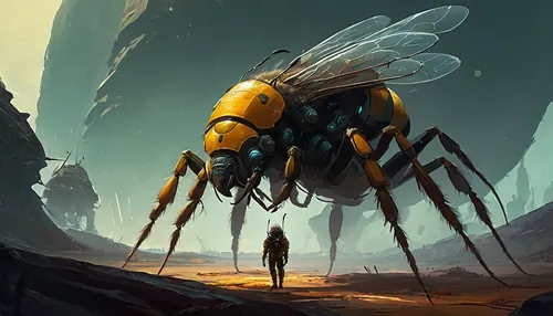 drone bee,giant bumblebee hover fly,sci fiction illustration,bumblebee,artificial fly,hive,wasp,arthropod,bee,hornet,insects,yellow jacket,walking spider,scarab,kryptarum-the bumble bee,bumblebee fly,bee-dome,apiarium,the hive,bacteriophage,Conceptual Art,Fantasy,Fantasy 06