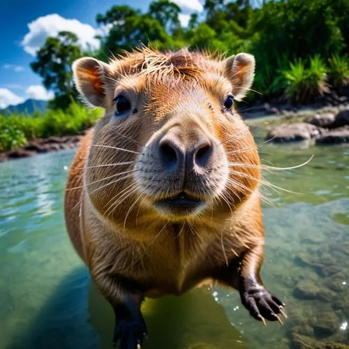 professional photography Elena Kalis , close up shot capybara , dynamic scene, spectacular, , by go pro , pov , saturated contrast, Hasselblad, 4k UHD, ultra-sharp Intricate fine details, HDRI --ar 16