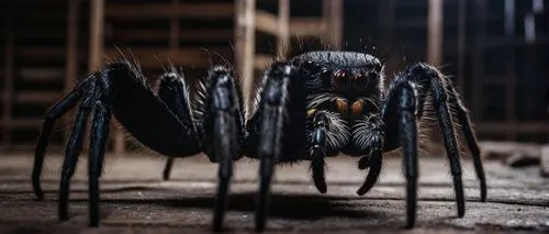 Giant 12 legged spider, eerie glowing eyes, thick black furry legs, sharp fangs, shiny dark brown body, intricate web patterns, abandoned old warehouse, dim lighting, broken crates, dusty floor, myste