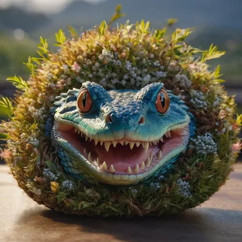 jazz frog garden ornament,bulbasaur,lawn ornament,alligator sculpture,cinema 4d,crocodile eye,chondro,3d model,b3d,hedgehog head,terrarium,landmannahellir,grass golf ball,3d rendered,green pufferfish,cuthulu,shrub frog,little planet,3d render,little crocodile,Photography,General,Natural