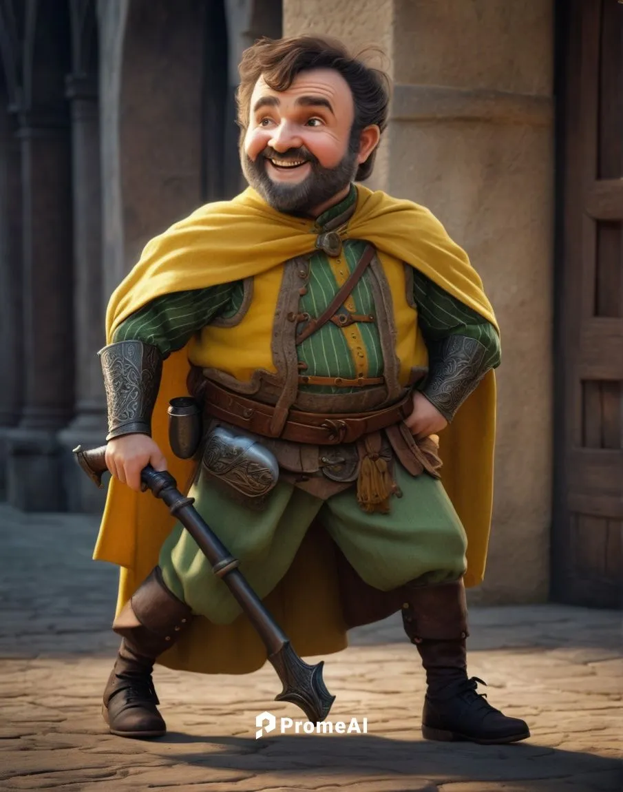 a smiling, rotund, middle-aged halfling merchant with sideburns, wearing a yellow shirt, pale green cape, brown pants and black shoes. He's holding a black medieval mace,dwarf sundheim,tyrion lanniste