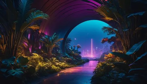 futuristic landscape,lagoon,3d fantasy,oasis,fantasy landscape,fantasy world,tunnel of plants,atlantis,fantasia,fairy world,alien world,biopiracy,virtual landscape,underwater oasis,lair,wonderlands,tropical jungle,fantasy city,gateway,passage,Photography,General,Fantasy