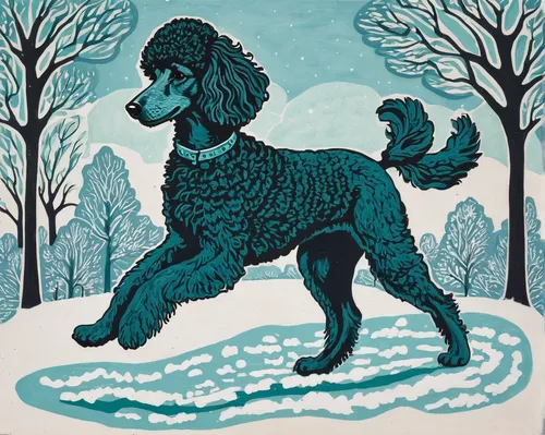 Craft an illustration of an energetic Poodle playing in a snow-covered park.,standard poodle,american water spaniel,irish water spaniel,kerry blue terrier,curly coated retriever,portuguese water dog,s