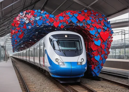 Imagine a futuristic world where red and blue hearts guide people through a high-speed railway system.,red and blue heart on railway,heart medallion on railway,red heart on railway,glowing red heart o