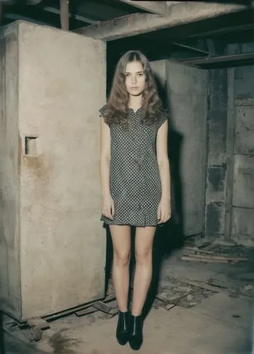 girl, dress, color analog photography, camera flash photo, night, low light abandoned house, high heels, slim body, straight hair, puffy lips, triangle hips, dark background,,goldfrapp,tintype,grimes,