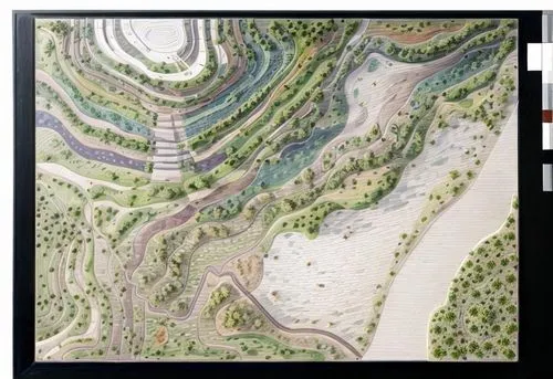 Top View, Landscape design, in the grassland background,  Color pencil style,braided river,meanders,landscape plan,fluvial landforms of streams,72 turns on nujiang river,aerial landscape,mavic 2,river