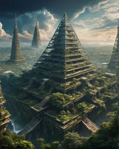 ancient city,pyramids,yavin,ziggurats,ziggurat,kharut pyramid,ecotopia,eastern pyramid,civilizations,step pyramid,ennead,pyramid,futuristic landscape,tikal,terraformed,the ancient world,ancient buildings,topia,arcology,mypyramid,Photography,General,Fantasy