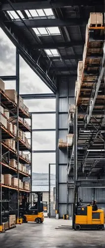 Modern warehouse, industrial architecture, steel beams, concrete floors, large windows, natural light, rows of shelving units, crates stacked high, forklifts parked nearby, metal staircases, walkways 