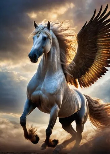 Mythic horned Pegasus, majestic wings spread wide, feathers shimmering with iridescent colors, golden horn on forehead, flowing mane in silky texture, muscular body, galloping pose, clouds and sky as 