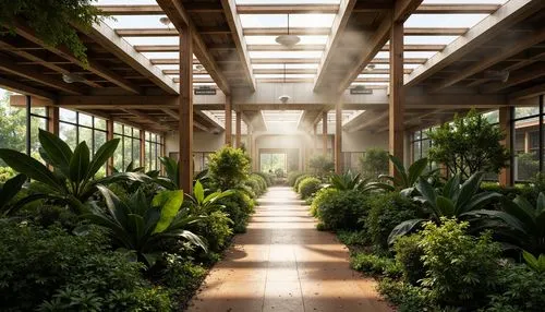 Natural ventilation, clerestory windows, automated roof vents, misting systems, tropical plants, lush greenery, humid climate, warm sunlight, diffused natural light, earthy tones, organic textures, wo