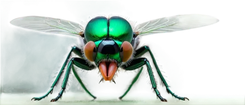 Fly tongue, insect body, long proboscis, compound eyes, translucent wings, delicate legs, green metallic sheen, detailed texture, shallow focus, macro photography, natural light, soft blur background.