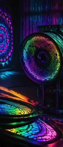 Tie-dye generator, colorful psychedelic machine, metal body, intricate circuitry, flashing LED lights, futuristic design, standing alone, dark background, neon lights reflecting off metallic surface, 