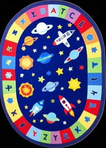 a rug with a picture of planets and the names of various sizes,star chart,life stage icon,zodiacal sign,astronomico,circular star shield,spacecrafts