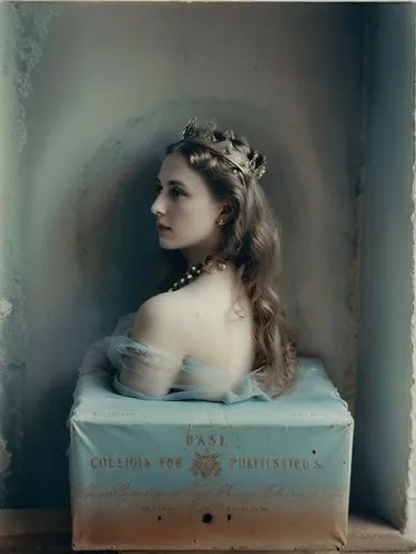 A woman with a little crown having her picture taken with a bare breast.,an old picture shows a woman in a dress,autochrome,margaery,tintype,unthanks,the girl in the bathtub,daguerreotype,Photography,