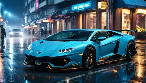 BLUE LAMBORGHINI CAR AT HIGH SPEED DURING NIGHT ON CYBERPUNK STREET, INTRICATE DETAILS, MASTERPIECE,lamborghini aventador s,lamborghini aventador,lamborghini urus,lamborghini huracan,lamborghini,lambo