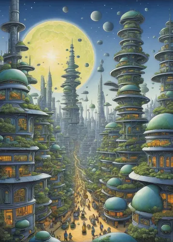 futuristic landscape,ancient city,japan landscape,fantasy city,mushroom landscape,aurora village,shirakami-sanchi,fukushima,skyscraper town,studio ghibli,fantasy landscape,utopian,lunar landscape,alien world,tsukemono,kyoto,ginkaku-ji,metropolis,escher village,alien planet,Illustration,Children,Children 03