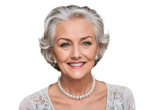 Older woman, wrinkles, spider veins on cheeks, nose, forehead, pale skin, subtle makeup, short grey hair, elegant hairstyle, pearl necklace, formal wear, blouse with lace details, high collar, gentle 