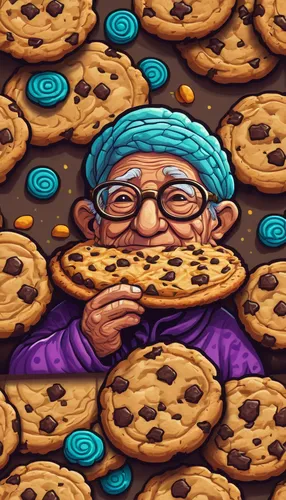 elderly wrinkled creature, munching cookies, Cookie Clicker game, idle gameplay, incremental game mechanics, pixel art style, digital cookie, on-screen cookie, soft ambient light, close-up, detailed t