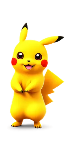 Pikachu, standing pose, yellow fur, red cheeks, big eyes, smiling face, lightning bolt tail, bright shiny eyes, cartoonish, vibrant colors, soft focus, shallow depth of field, warm lighting, 3/4 compo