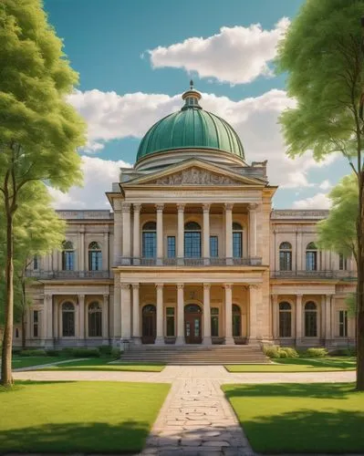 Modern university main building, neoclassical architecture style, grand entrance with stone pillars, intricate carvings on walls, large dome roof, symmetrical composition, vibrant green lawn, mature t