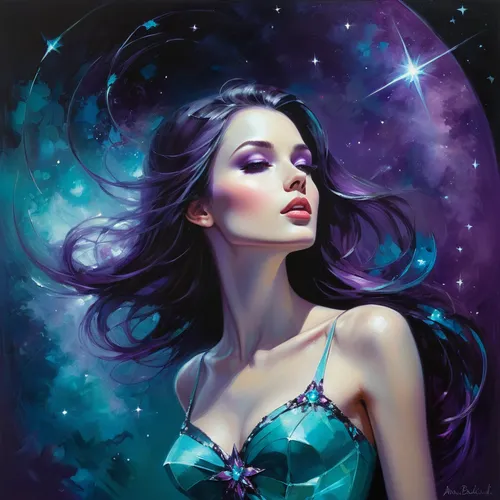 la violetta,fantasy portrait,fantasy art,queen of the night,zodiac sign libra,purple,fantasy woman,purple moon,horoscope libra,fantasy picture,ultraviolet,mystical portrait of a girl,the enchantress,purple lilac,the zodiac sign pisces,fairy galaxy,blue enchantress,faerie,sorceress,fairy queen,Illustration,Realistic Fantasy,Realistic Fantasy 16