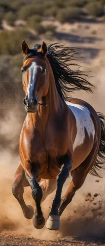 Capture the raw power of a wild Spanish mustang as it races across the rugged terrain, a force of nature.,horse running,quarterhorse,arabian horse,mustang horse,galloping,wild horse,equine,gallop,thor