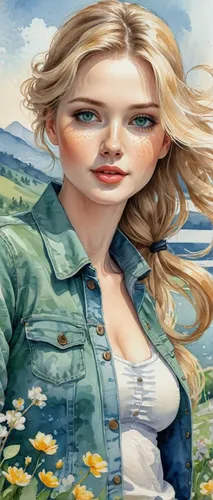 the blonde in the river,girl in flowers,watercolor women accessory,blonde woman,landscape background,girl on the river,girl in a long,portrait background,girl picking flowers,flower painting,girl in the garden,countrygirl,flower background,children's background,springtime background,illustrator,spring background,young woman,blonde girl,blond girl