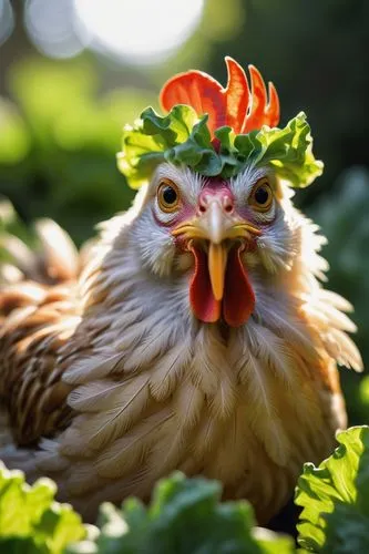 amused chicken, curious expression, bright eyes, few feathers ruffled, green lettuce leaf, fresh vegetable, garden setting, sunlight filtering through trees, warm atmosphere, shallow depth of field, b