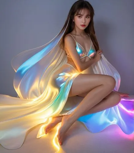 young pretty woman posing for the camera with colorful light paint,solar,light drawing,light painting,drawing with light,hologram,chunli,Photography,General,Realistic